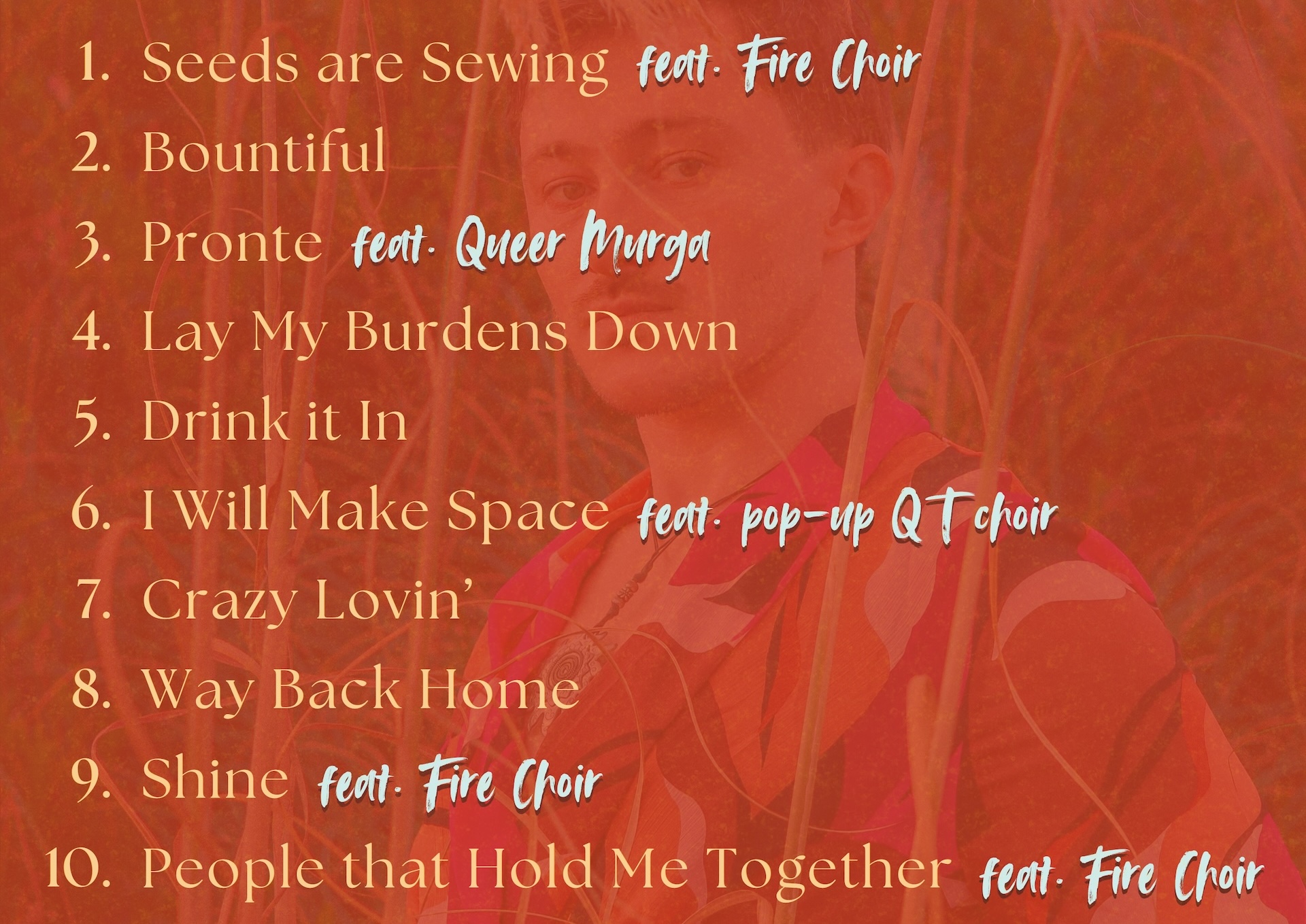 The Sowing Seeds album back cover showing tracklist for Seeds are Sewing, featuring songs recorded with 60 singers and mixed by Thom Ashworth of Nest Collective